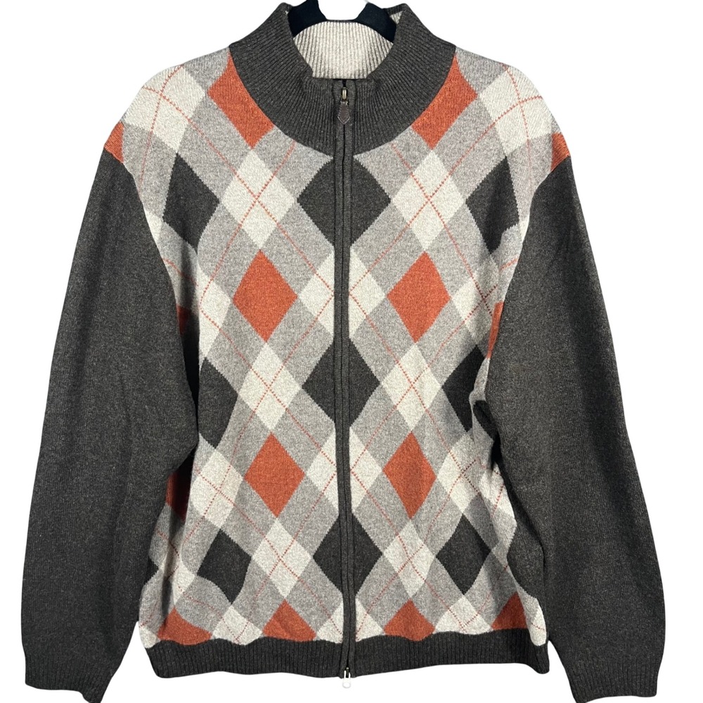 Brooks Brothers Full Zip Cardigan Mens XXL Grey Orange Argyle Scottish Lambswool